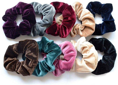 LACE IT Soft Velvet Scrunchies Elastic Rubber Multicolour Stretchy Hair Bands for Women - Pack of 10 Pieces Rubber Band(Multicolor)