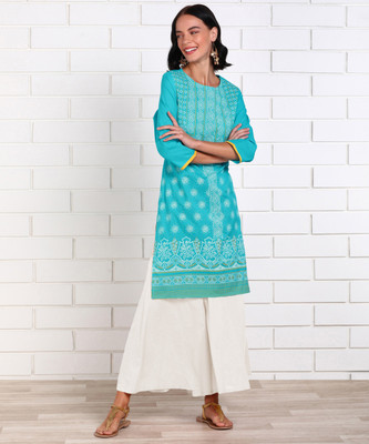 Anmi Printed Women Straight Kurta(Light Blue, White)