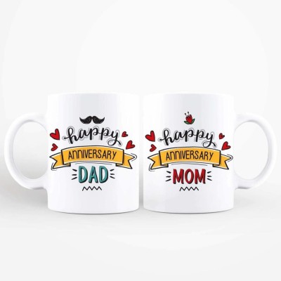 THE SD STORE Happy Anniversary Dad and Moms with a Cute Scroll - Couples for Parents to Gift on Anniversary (White) Ceramic Coffee Mug(325 ml, Pack of 2)