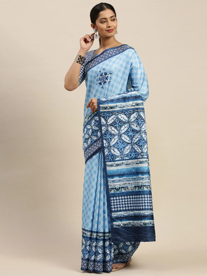Ratnavati Geometric Print Chanderi Linen Saree(Blue)