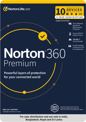 Norton 360 Premium 10 PC PC 3 Years Total Security Compatible with Mac, Android, iOS, Windows (Email Delivery - No CD)(Standard Edition)