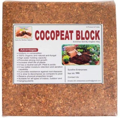 SUREFIRE ENTERPRISES COCOPEAT Block, 1KG, EXPANDS to 15 Litre to COCOPEAT Organic Powder Manure(1 kg, Powder)