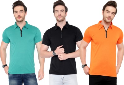 Tivy Solid Men Polo Neck Green, Black, Orange T-Shirt