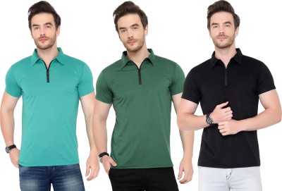 Tivy Solid Men Polo Neck Green, Black T-Shirt