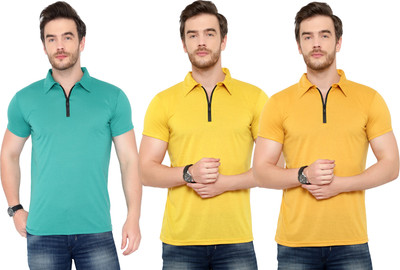 Tivy Solid Men Polo Neck Blue, Yellow T-Shirt