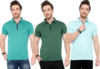 Tivy Solid Men Polo Neck Light Blue, Dark Green, Green T-Shirt