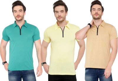 Adorbs Solid Men Polo Neck Green, Brown, Yellow T-Shirt