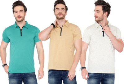 Adorbs Solid Men Polo Neck Grey, Beige, Green T-Shirt