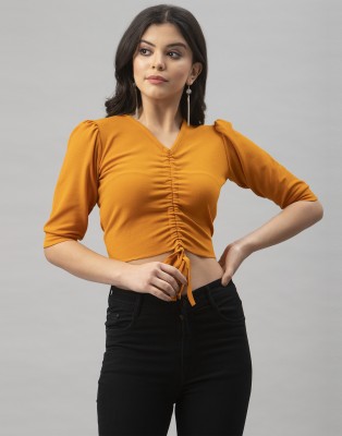 Selvia Solid Women V Neck Orange T-Shirt