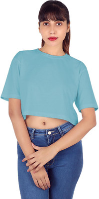 SFOS Casual Short Sleeve Solid Women Blue Top
