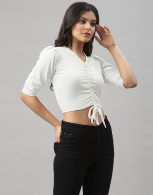Selvia Casual Puff Sleeve Solid Women White Top