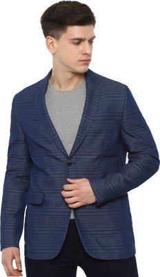 VAN HEUSEN Striped Single Breasted Formal Men Blazer(Dark Blue)