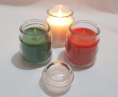 CHIKLIT ENTERPRISE Premium Highly Fragranced Green Apple, Jasmine & Rose Jar Candle for Gift and Home Decoration (Pack Of 3 Pcs) (260g Each) (Jasmine, Green Apple & Rose) (Colour- Red, Green & White) Candle(White, Green, Red, Pack of 3)