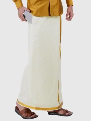 Prakasam Cotton Premium Quality Flexi Size Welcro Pocket ( sticker Dhoti) Gold Jari Border Cotton Cream Solid Men Dhoti