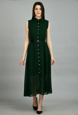 AAYU Women A-line Green Midi/Calf Length Dress