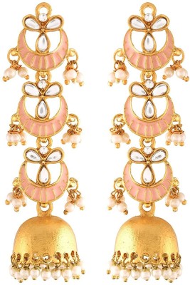 I Jewels 18K Gold Plated 3 Layered Long Jhumki Earrings With Pink Enamel Glided With Kundans & Pearls Alloy Jhumki Earring