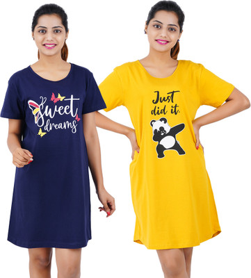 BEFLI Women Nightshirts(Blue, Yellow)