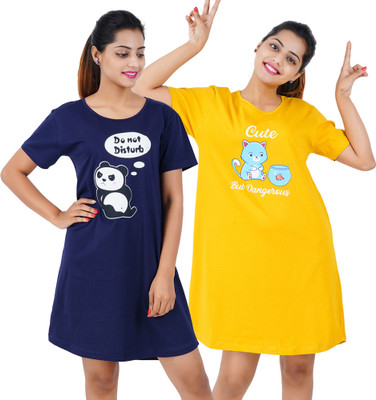 BEFLI Women Nightshirts(Blue, Yellow)