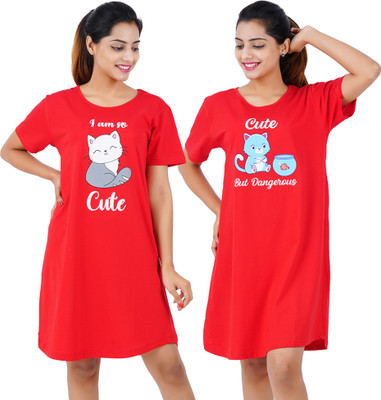 BEFLI Women Nighty Set(Red, Red)