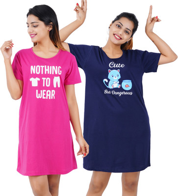 BEFLI Women Nightshirts(Pink, Blue)