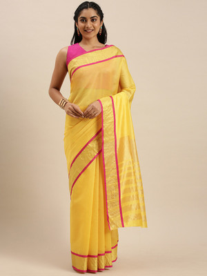Blissta Solid/Plain Maheshwari Cotton Silk Saree(Yellow)