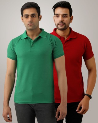 FLYBOX Solid Men Polo Neck Green, Maroon T-Shirt
