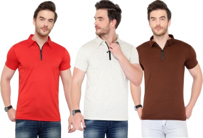 Tivy Solid Men Polo Neck Red, Brown, Grey T-Shirt