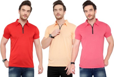 Tivy Solid Men Polo Neck Red, Pink, Beige T-Shirt