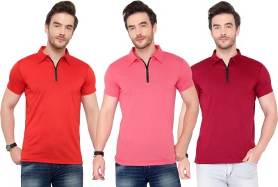 Adorbs Solid Men Polo Neck Red, Pink T-Shirt