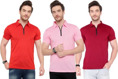 Adorbs Solid Men Polo Neck Red, Maroon, Pink T-Shirt