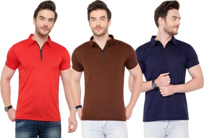 Tivy Solid Men Polo Neck Dark Blue, Red, Brown T-Shirt