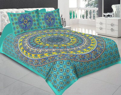 E ELMA Cotton Double Flat 144 TC Printed Bedsheet(Pack of 1, Green)