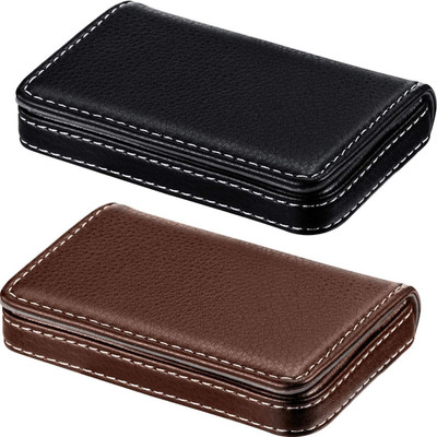 OFIXO 2 Pieces Business Card Holder, Business Card Wallet PU Leather Business Card Case Pocket Business Name Card Holder with Magnetic Shut Credit Card ID Case/Wallet 10 Card Holder(Set of 2, Brown, Black)