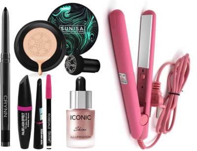Crynn Smudge Proof Waterproof Long Lasting Kajal & Korean Mushroom Air Cushion Sunisa CC Cream Foundation & Rosedale 3in1 Eyeliner , Mascara , Eyebrow Pencil & Professional Iconic Shine Illuminator Highlighter & Studio Professional Hair Straightener