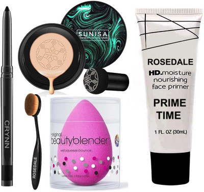 Crynn Smudge Proof Waterproof Long Lasting Kajal & Korean Mushroom Air Cushion CC Cream Foundation & Powdered Blender Sponge Puff & Oval Foundation Makeup Brush & Professional Studio Foundation Face Primer(5 Items in the set)