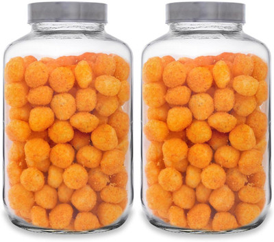 CROCO JAR Glass Grocery Container  - 4.5 L(Pack of 2, Silver)