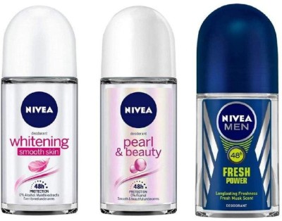 NIVEA Deodorant Roll-On Combo , Whitening Smooth Skin , Pearl & Beauty , Fresh Power , 50 Ml Each Deodorant Roll-on  -  For Men & Women(150 ml, Pack of 3)