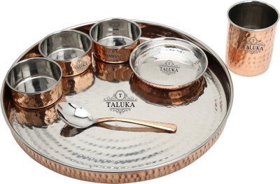 TALUKA Pack of 7 Copper Copper Steel Hand Made Kitchen Plate/Thali Dinner Set Of 7 ( 1 Thali, 3 Bowls , 1 Pudding Bowl, 1 Spoon, 1 Copper Glass ) Dinner Set(Brown, Steel)