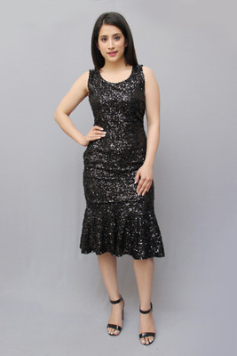 CRAZEVILLA Women Drop Waist Black Knee Length Dress