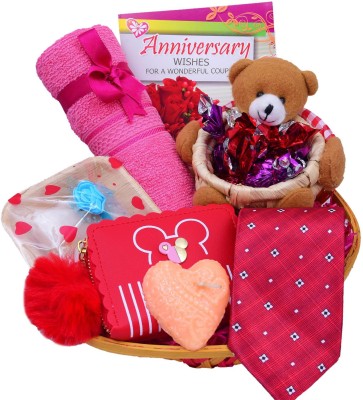 MANTOUSS Anniversary gift for couple/Anniversary gift for boyfriend/girlfriend/-Basket+ Chocolate filled teddy bear +Soap and towel+ Heart shaped candle+wallet for women+ Tie for men+ Anniversary card Wooden, Cotton, Plastic, Paper Gift Box(Multicolor)