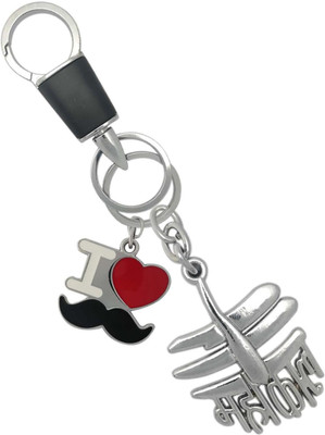 SHOKY LOOKS High Quality Chrome Finishing Mahakal Design with Shandar Looking Hook and I Love Mustache smiley Key Chain