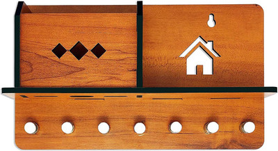 Fivean Wooden Matte Finish Designer Home Side Wall Shelf, Key holder with Storage Box Wood Key Holder(7 Hooks, Beige)