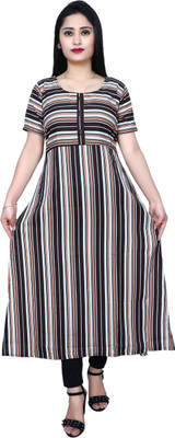 LIBSADRESSES Women Striped A-line Kurta(Brown)