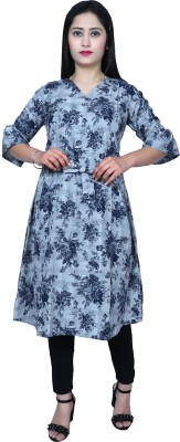 LIBSADRESSES Women Floral Print Straight Kurta(Blue)