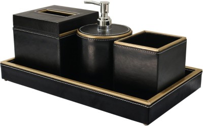 casagold Leather Bathroom Accessories 4 Piece Set with Soap/Lotion Dispenser, Toothbrush Holder, Tissue Paper Holder and Tray- Black Polyester Bathroom Set(Pack of 1)