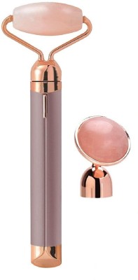 Oriley OR-RQJRG 2 in 1 Rose Quartz Jade Roller Micro Vibrating Facial Roller Massager with Extra Eye Stone Handheld Electric Flawless Contour Beauty Bar Skin Care Tool for Face Lift Anti-Wrinkles, Anti-Aging Massager(Pink, Grey)