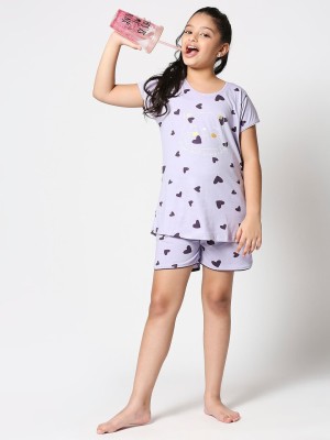 ZEYO Girls Printed Purple Top & Shorts Set