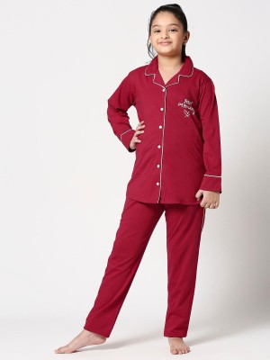 ZEYO Baby Girls Printed Red Shirt & Pyjama set