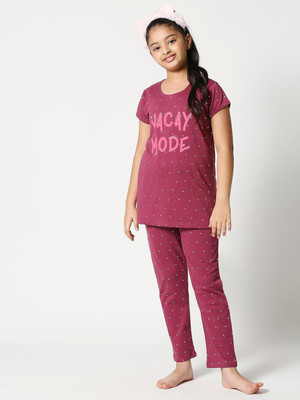 ZEYO Baby Girls Printed Pink, White Top & Pyjama Set