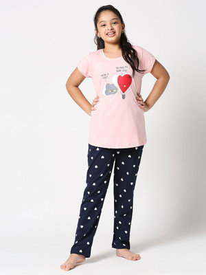 ZEYO Women Printed Pink Top & Pyjama Set